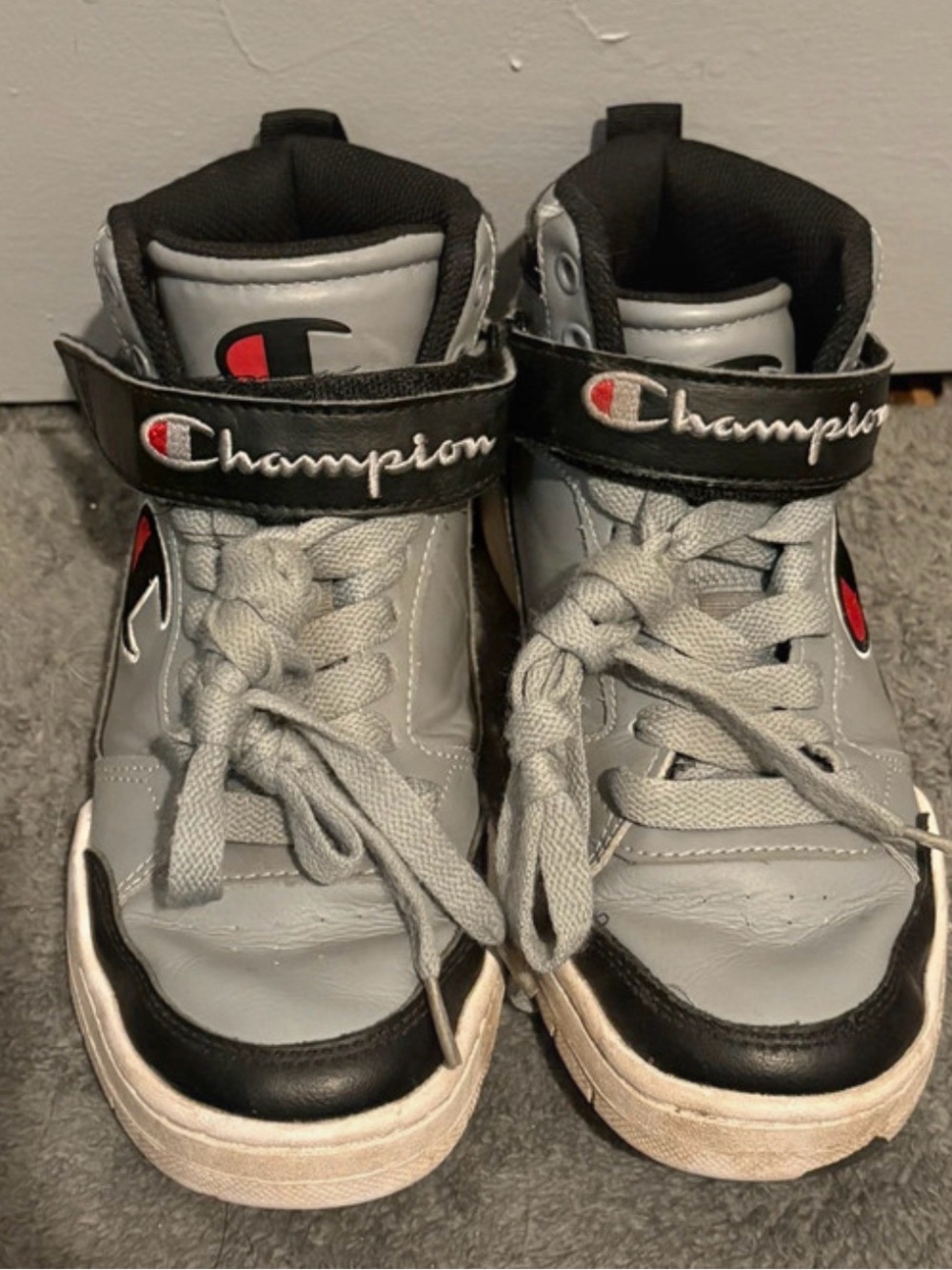 Champion Kids Gray and Black High-Top Sneakers with Red Accents